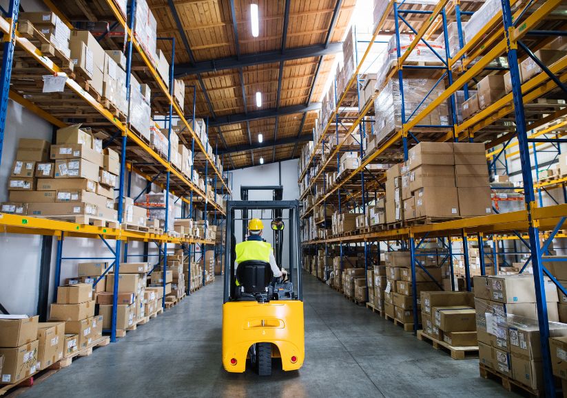 Yellow forklift in warehouse aisle