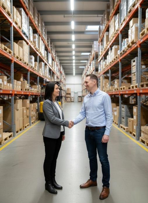Two people shaking hands in a warehouse